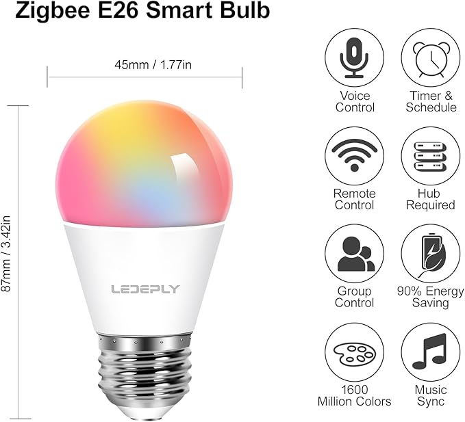 Zigbee A15 Smart Bulbs, Hub Required (Compatible with Hue*, Alexa, Google & ConBee), E26, 5W=40W,400LM Color Changing, Dimmable WiFi Light Bulbs, 2Pack