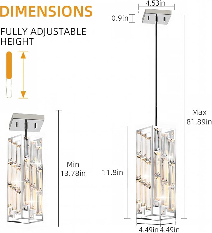 Chrome Pendant Lights, Modern Pendant Light Kitchen Island, 1 Pack Mini Crystal Chandeliers for Dining Room Bedroom Foyer Hallway