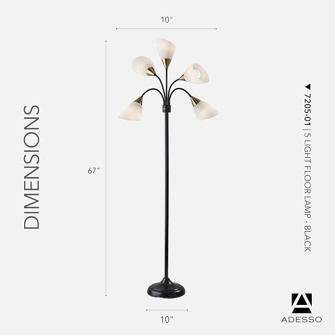 Adesso 5-Light Floor Lamp, Black, Movable Shades, Adjustable, 67”