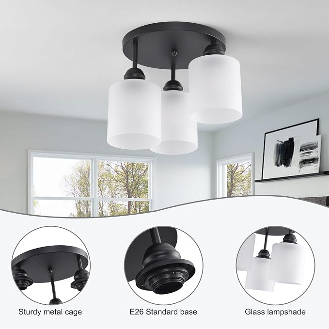 Semi Flush Mount Ceiling Light with Clear Glass Shades,3-Lights Industrial Semi Flush Mount Ceiling Light, 3-Light Industrial Black Light Fixtures Ceiling Mount for Kitchen Living Room Foyer