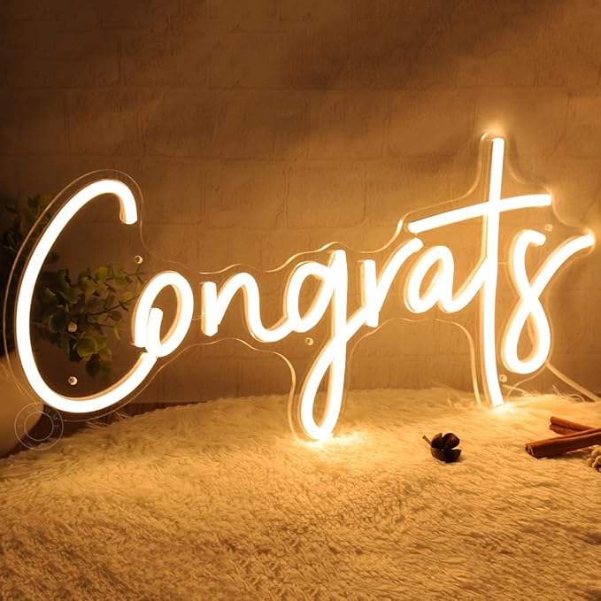 SYLHOME Congrats LED Neon Light Sign for Wedding Birthday Party Graduation Background Wall Decor Sign Celebration Banquet Light Up Sign 15.75" X 7.4" USB Indoors Warm White