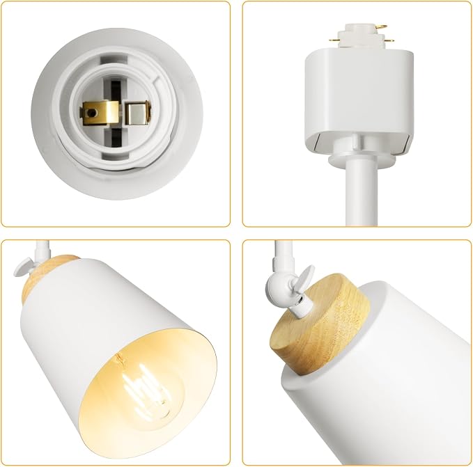 H Type Track Lighting Heads with Lamp Shade, White 4 Pack -No Bulbs | E26 Track Light Ceiling Modern for Kitchen, Compatible with H Track Lighting Rail System, Wood Style Pendant Light Fixtures