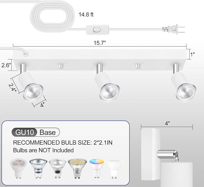 Plug in Track Lighting Kit 3 Light, White Track Light Fixture with Switch and Cord, Adjustable Spotlight Track Head for Kitchen Closet Gallery Wall Wash, Modern Linear Ceiling Light Bar,15ft Cord