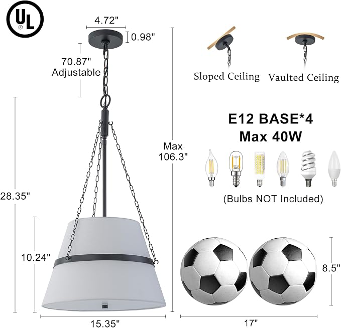 15.35" Black Drum Chandelier, White Linen Pendant Light for Kitchen Island | Modern Transitional, 4-Light, 3 Side Chains, for Dining Room, Breakfast Nook, Home Office, Adjustable Heigh 15.35"W x 28.35"H
