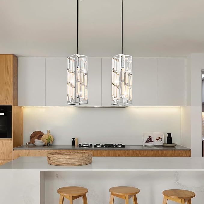 Chrome Pendant Lights, Modern Pendant Light Kitchen Island, 2 Pack Mini Crystal Chandeliers for Dining Room Bedroom Foyer Hallway