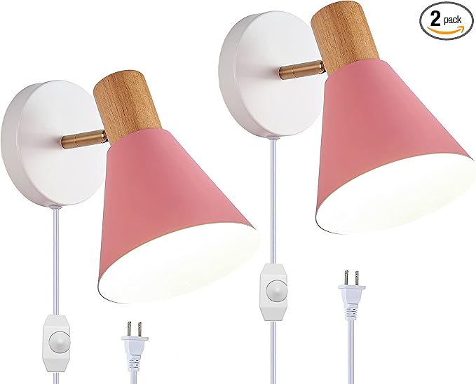 ClanKin Wall Sconces Lighting Set of 2 for Bedroom, Black Dimmable Wood Style Wall Sconce Reading Lamp, Adjustable Wall Light for Bedroom Hallway Living Room (Pink-Plug in, 2)