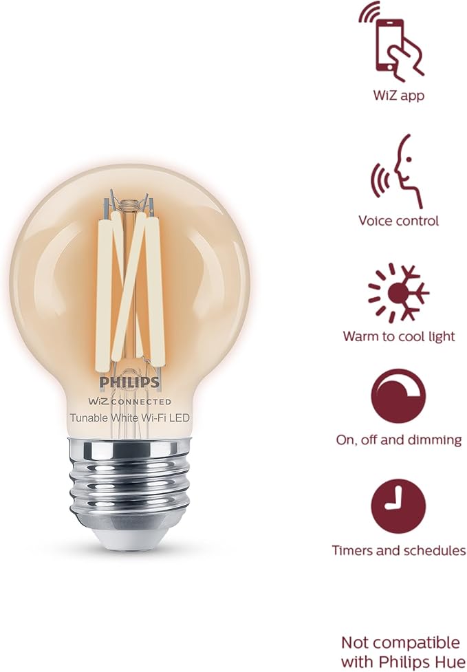 Philips Smart Vintage G16.5 40W Tunable White Filament LED Smart Bulb 4 Pack - E26 Indoor -Connect to Your Wi-Fi - Control with Voice or App - Powered by WiZ Connected