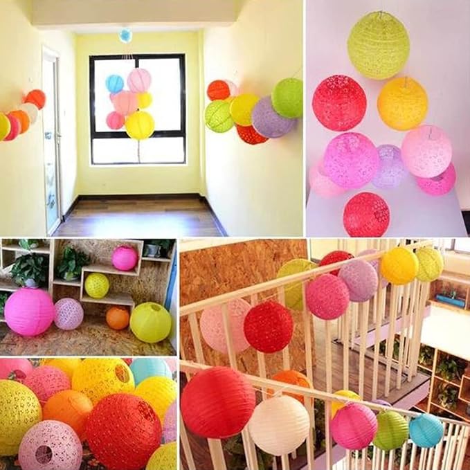 12Pcs Paper Lanterns Chinese Lunar New Year Decorations 2026 Chinese Japanese Decorative Hanging Paper Lanterns 8inch Round Hollow Colorful Lantern Lamps for Spring Festival Asian Home Party Decor