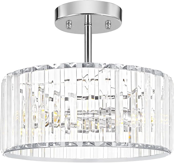 Lxybcce Modern Crystal Ceiling Light, Chrome Semi Flush Mount Ceiling Lighting Fixture, Hallway Light Fixtures Chandelier for Kitchen, Bedroom Dining Room Hallway Closet, 3-Light, 12 Inch