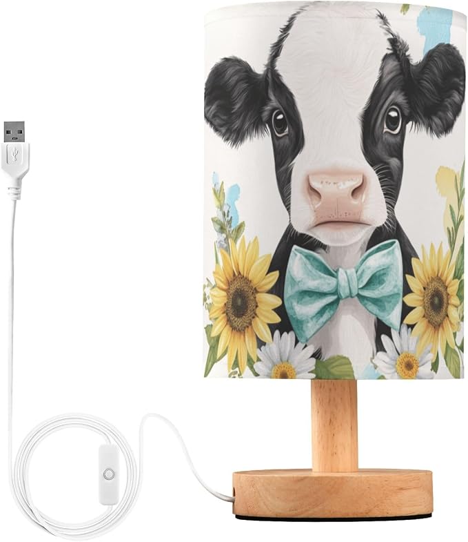 Floral Cute Baby Cow Daisy Sunflower Bedside Table Lamps with USB Port for Bedroom LampSmall Nightstand Lamp Sturdy Linen Shade Wooden Base Decorative Lamps for Nursery Kids Reading Dorm Home