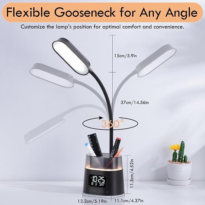 WILIT LED Kids Desk Lamp, Dimmable Study Lamp for Home Office Desk Accessories, with Pen Holder & Clock, USB Charging Port, RGB Night Light, Bedroom & College Dorm Room Essentials for Girls - Black