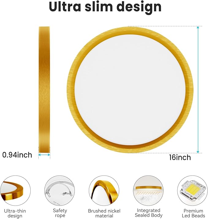 libtit 16Inch Flush Mount LED Ceiling Light Fixture, 3000K 4000K 6500K Adjustable, 36W 3600lm Gold Satin Round Ceiling Lamp for Bathroom Shower Hallway Kitchen, 1 Pack