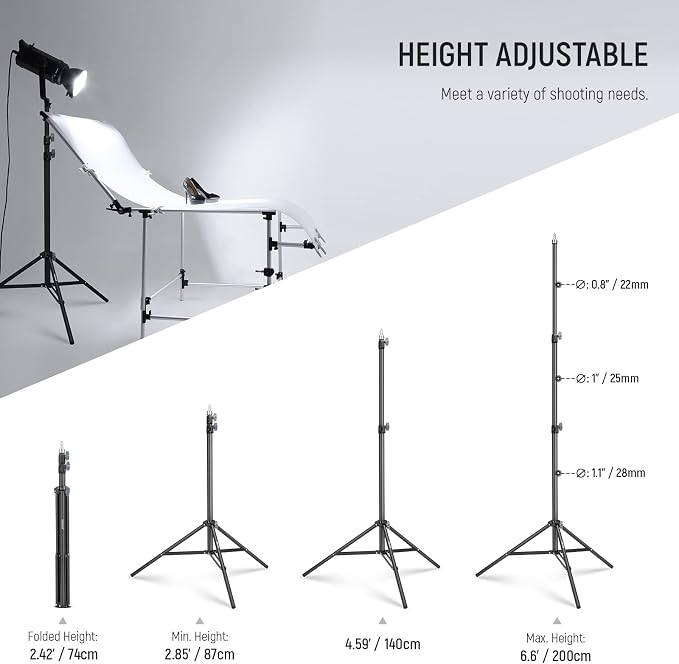 NEEWER Photography Light Stand 2.85-6.6ft/87-200cm, Spring Loaded Aluminum Tripod Stand with ø28mm Thicker Tube Diameter for Ring Light/LED Light/Strobe Flash/Softbox, Max Load 22lbs, ST-200