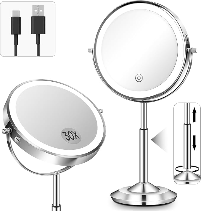 1X/30X 8" Magnifying Makeup Mirror with Lights Height Adjustable for Desk | 3000mAh Rechargeable Lighted Magnifying Mirror Double Sided Vanity Mirrors with 3 LED Lighting Touch Dimmable for Women Gift