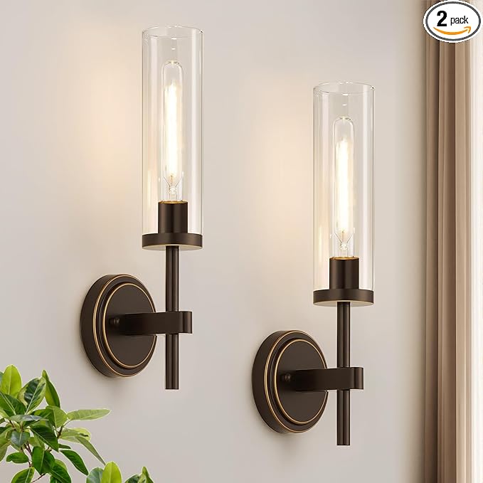Wall Sconces Set of Two, Brown and Gold Bathroom Sconces with Clear Glass, Hardwired Sconces Wall Decor Set of 2, Modern Wall Light Fixtures for Bathroom Mirror Living Room Bedroom Hallway