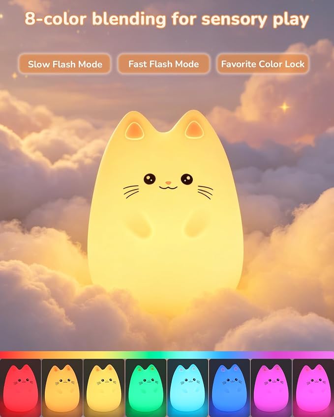 Night Light for Kids, LED Cat Squishy Animal Lamp for Baby, Soft Silicone Dimmable Bedside Touch Light with Timer, Battery Rechargeable Nightlight Girls Gifts Cute Room Decor 4.80 x 4.80 x 5.91 in