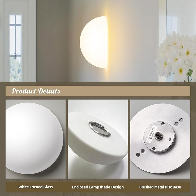 Globe Milk Glass Wall Sconce - Small 7 Inch Modern Half Moon Light Fixtures | Mid Century Art Deco Indoor Lighting, For Bedroom Bathroom Vanity Mirror Living Room Hallway Kitchen Bedside Mount Lamp 3000k