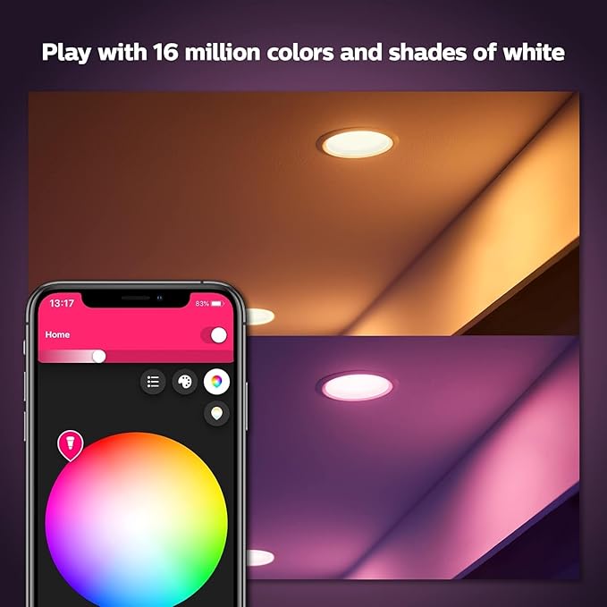 Philips Hue Smart Retrofit Recessed 5/6" LED Downlight 4 Pack, White and Color Ambiance Color-Changing Light, 1100LM, Control with Hue App, Compatible with Alexa, Google Assistant and Apple HomeKit