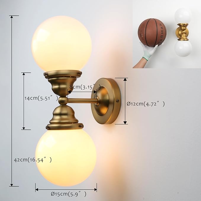 Pathson Milk White Glass Wall Sconces Lighting, 2 Lights Industrial Wall Vanity Light Fixtures Brass Finish, Vintage Wall Sconce Lamp for Bathroom Living Room Bedroom
