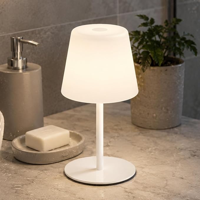 IP65 Waterproof Shower Lamp, Cordless Rechargeable Table Lamp, White | Bathroom To Bedside Glow, Touch-Dim Comfort, 4000mAh USB-C Ease, 12-24H Light, 3 Light Moods, 2-Height Fit