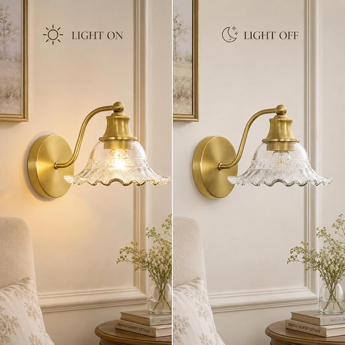 Bright Brushed Gold Bathroom Wall Sconce Vintage Style, E26 Easy Mounted | Vanity Light with Flower Glass Shade, Bathroom Wall Lighting Fixture Beside Mirror, Easy Mounted for Bedroom, Hallway