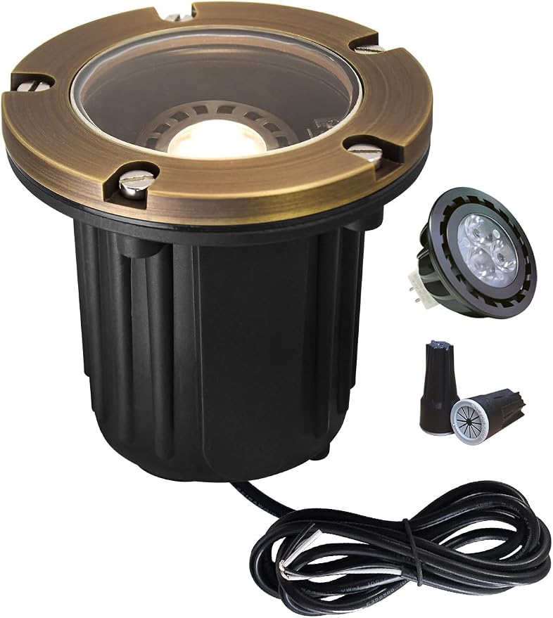 MALORY Low Voltage Landscape Well Lights, (φ126 mm) Brass Top Cover | 12V Outdoor In Ground Lights,Waterproof Uplight,Flat Top, 5W MR16 Bulb ,for Landscaping,Pathway, Driveway, Deck,Garden
