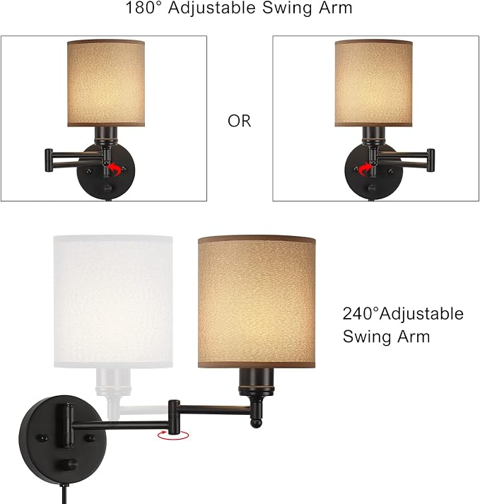 CADUKE Wall Lamps Plug in, Swing Arm Wall Sconce Set of 2 | Light Brown Lampshade, Modern Bedroom Wall Lights Fixtures, Bedside Wall Reading Lights