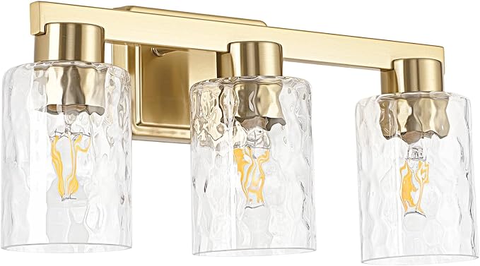 3-Light Bathroom Light Fixtures with Water Ripple Glass, Gold | Vanity Lights, Modern Wall Sconces, Over Mirror for Bathroom, Powder Room, Living Room