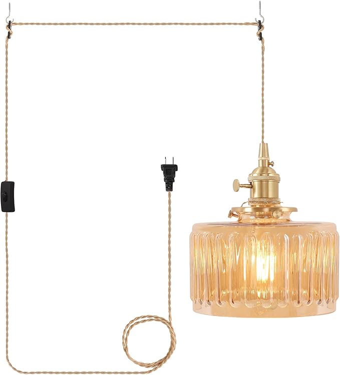 Plug in Pendant Light Hanging Light Fixtures with Plugin Cord On/Off Switch,Amber Striped Glass Lampshade Brass Pendant Light