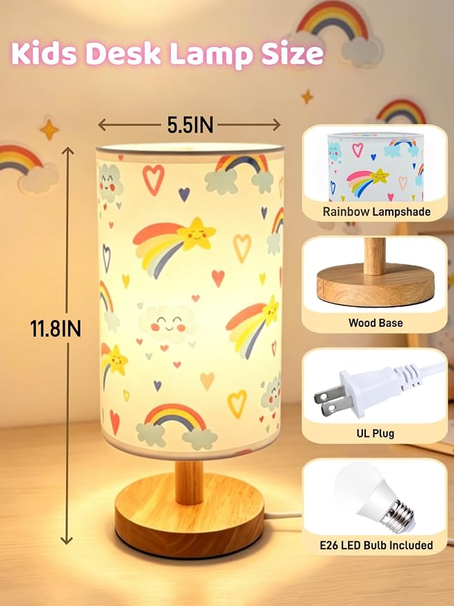 Rainbow Lamp for Girls Bedroom Bedside Table Lamps 3 Color Modes Kids Nightstand Night Light Lamp, Flaxen Fabric Shade Reading Desk Lamp for Nursery Living Room Office Rainbow Decor Gifts for Girls