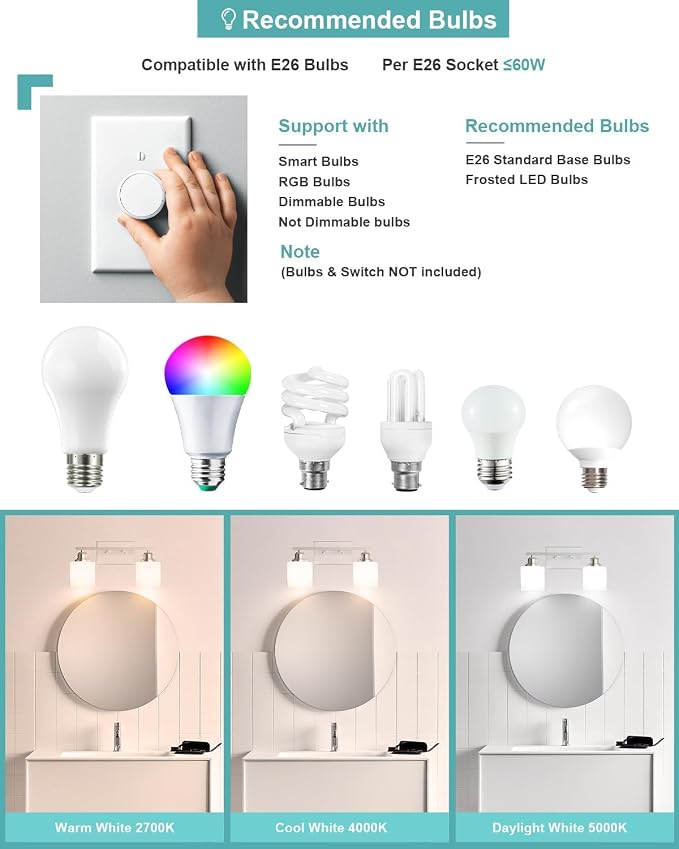 Bathroom Light Fixtures 2-Light, Brushed Nickel Vanity Lights Fixtures, Modern Bathroom Vanity Light Over Mirror, Milky White Glass Shade & Anti-Rust Nickel Finished, Small Bathroom Light