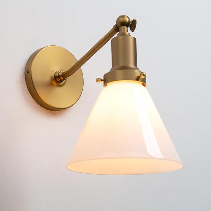 Industrial Vintage Slope Pole Wall Mount Single Sconce with Funnel Flared Milk White Glass Shade Wall Sconce Light Lamp Fixture