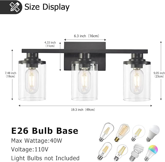 stambord 3 Light Black Bathroom Vanity Light Fixtures with Clear Glass Shade, Modern Wall Sconces Lighting for Bathroom Over Mirror