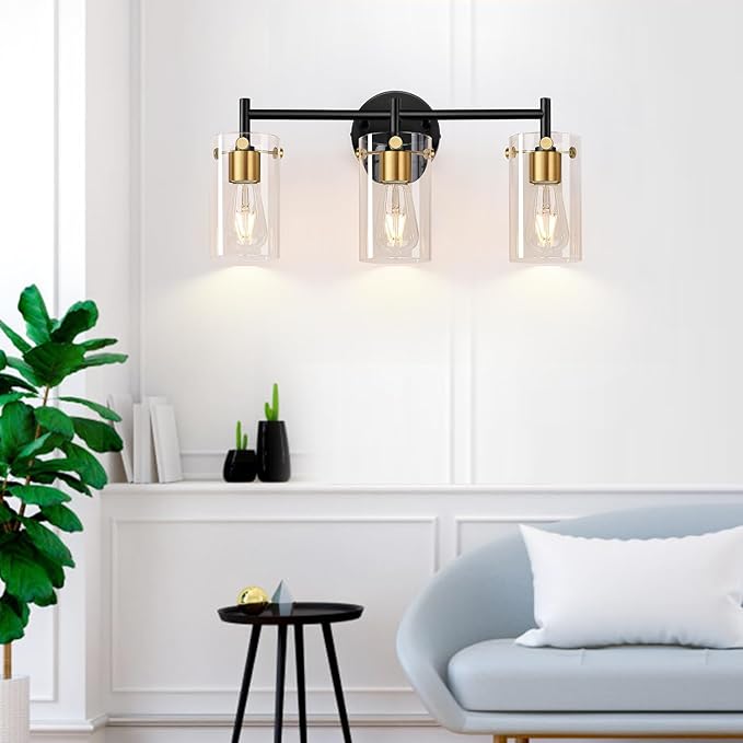 Bathroom Light Fixtures, 3-Light Black and Gold Vanity Light, Black Bathroom Lights Over Mirror with Clear Glass Shade for Mirror Bedroom Living Room