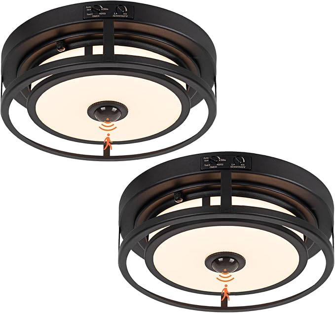 12 Inch LED Motion Sensor Outdoor Ceiling Light Black 2 Pack | Flush Mount Outdoor Ceiling Lights 3CCT 3000K/4000K/5000K Dusk to Dawn Anti-Bug Waterproof for Porch Garage Entryway