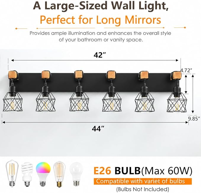 Farmhouse Vanity Light Fixture,6-Light Bathroom Lighting,Black Industrial Wood Wall Light Over Mirror with Metal Shade,LED Bulbs Not Included