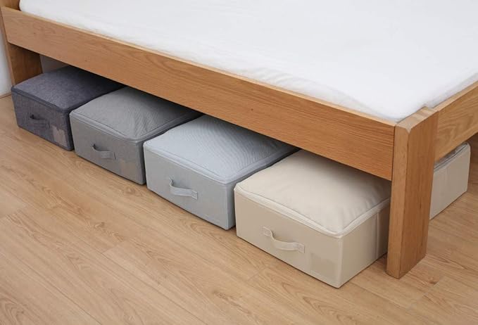 Folding Fabric Rigid Under Bed Closet Storage Bins with Zip Lid,Black Gray | Under bed Storage Boxes for Bedding/ Clothes/ Duvets/ Blankets/ Shoes, Hard Plastic Boards inside, 4 Handles, Washable