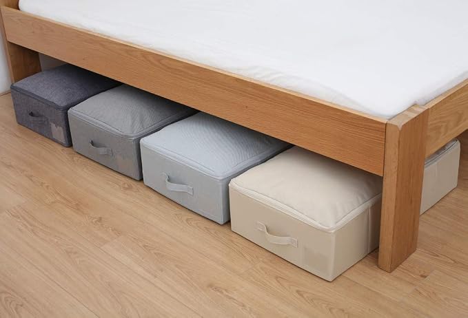 Folding Underbed Shoes Clothes Storage Organizer Basket with Zip Lid,Beige | Underbed Clothes Organizer Basket, Garment Storage Boxes, folding washable rigid sturdy storage bins for clothing shoes duvet