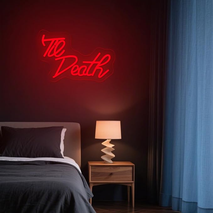 The death Neon Sign for Wall Decor, Red Dimmable USB Powered LED Neon Light Sign, Romantic Neon Wall Lights for Bedroom Wedding Engagement Bachelorette Party Aesthetic Room Decor, Unique Couple Gift for Bride Groom Anniversary Valentine’s Day