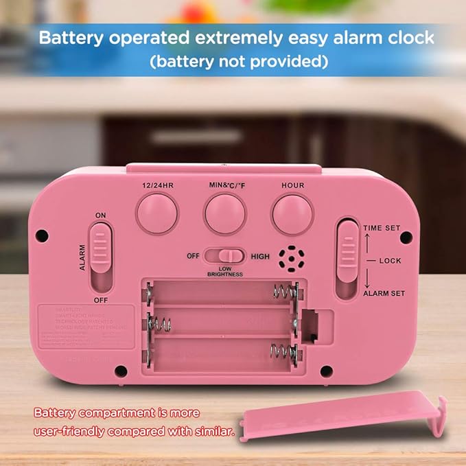 Peakeep Night Light Alarm Clock Battery Operated with Indoor Temperature, Desk Digital Clock for Kids Girls Bedrooms (Pink)