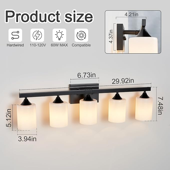 ZHU YAN 5-Light Bathroom Light Fixtures,Black Vanity Light Fixture Over Mirror,Milky White Glass Shades Wall Sconces Modern Bathroom Wall Lamp for Mirror Living Room Bedroom E26 Socket