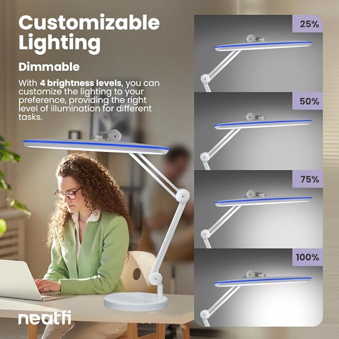 Neatfi XL 24W LED Desk Lamp with Base – 2,200 Lumens | 23” Wide Shade | Dimmable Eye-Caring Task Light | Adjustable Arm | Office, Study, Crafting & Nail Techs (Non-CCT with Base, White)