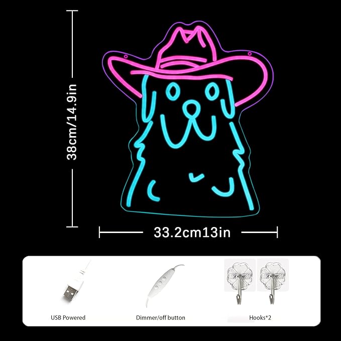 Cowboy Dog Neon sign Pink Blue Neon Signs for Wall Decor Dimmable Cowboy Neon Lights for Animal Decor Wall Bar Bedroom Kidsroom Business Game Room