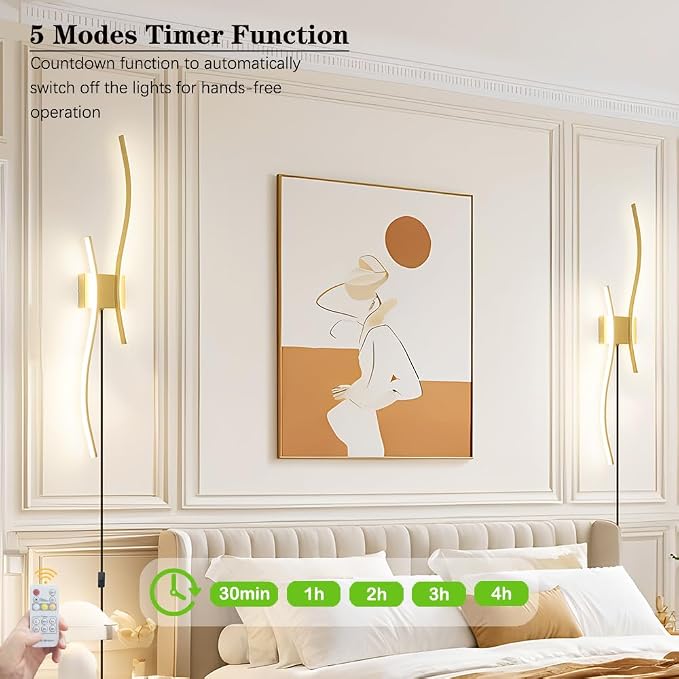 Daunton Modern Gold Plug in Wall Sconces Set of 2 - Smart Dimmable LED Wall Lights with Remote, 3CCT Adjustable & Memory Function, Timer Setting - No Wiring Needed for Living Room, Bedroom, Hallway