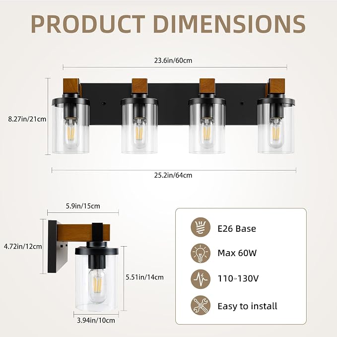 4-Light Farmhouse Bathroom Light Fixtures, Wood Matte Black Vanity Lights Over Mirror with Clear Glass Shades, Rustic Bathroom Lighting Wall Mounted Lamps for Living Room, Cabinet, Porch