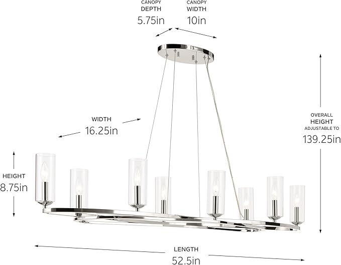 Kichler Harpin 8-Light Linear Chandelier, Sloped Ceiling Compatible, for Dining Room or Kitchen with Clear Glass in Polished Nickel