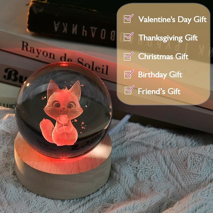 3D Cat Crystal Ball Cat Lovers Gift Cat Themed Present Novelty Cat Holding Rose Gift for Girlfriend Cat Decorative Ball 60mm with Colorful Light Base