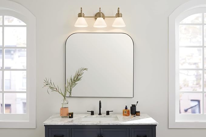 Kichler Farum 3-Light Bathroom Vanity Light, Champagne Bronze | Modern vanity light with opal glass for bathroom mirrors (26" x 9.5"), 55155CPZ