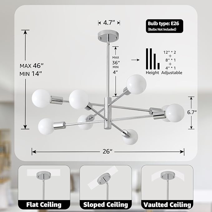 HHR Modern Sputnik Light Fixture, 8-Light Chrome Mid Century Ceiling Chandelier, Height Adjustable Farmhouse Chandeliers for Living Dining Room Kitchen Island Over Table