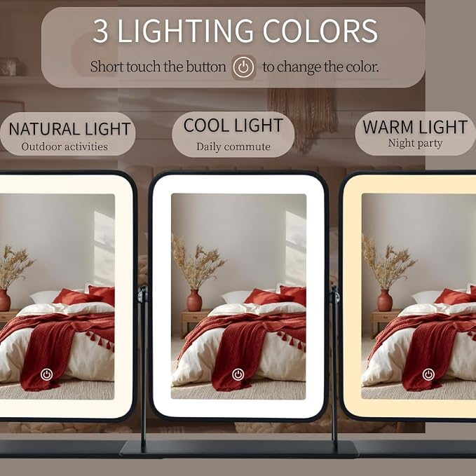 11"x9" Rechargeable Desktop Makeup Mirror with LED Lights, Adjustable Brightness Lighted Vanity Mirror, Tabletop Mirror for Bedroom, Gifts for Women with 3-Color Smart Touch Dimmable Lighting